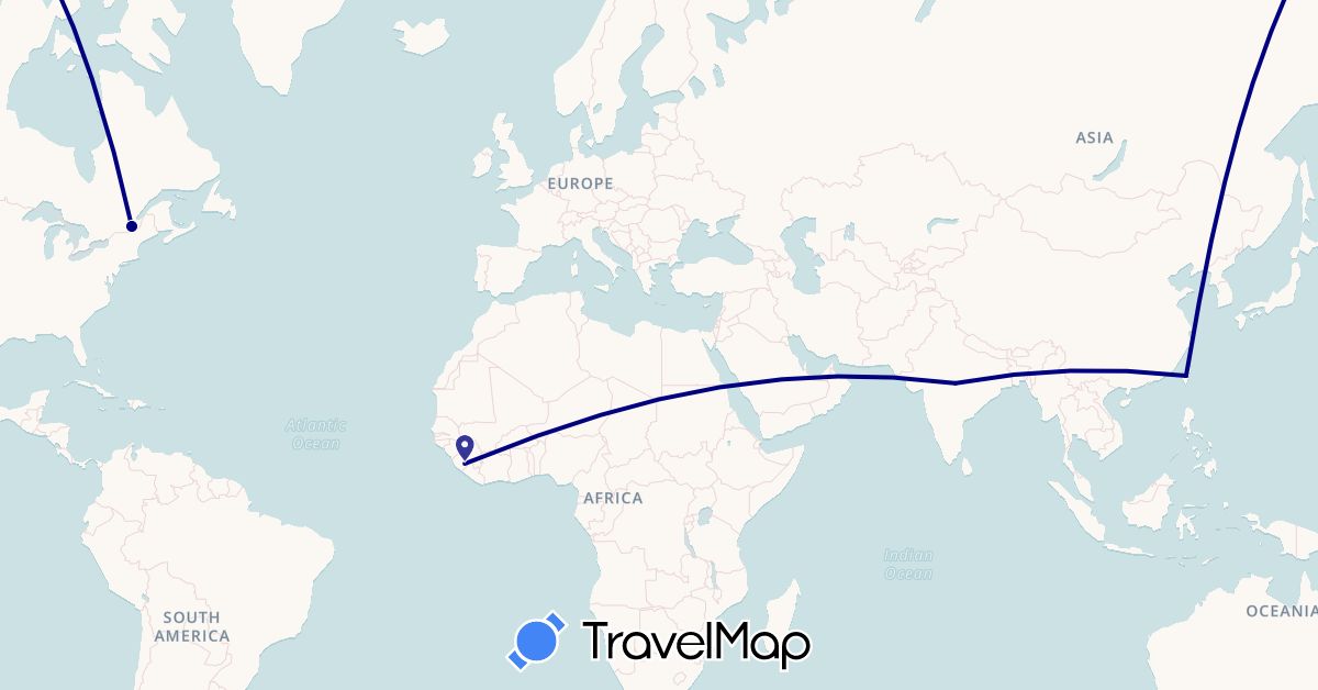 TravelMap itinerary: driving in Canada, India, Sierra Leone, Taiwan (Africa, Asia, North America)