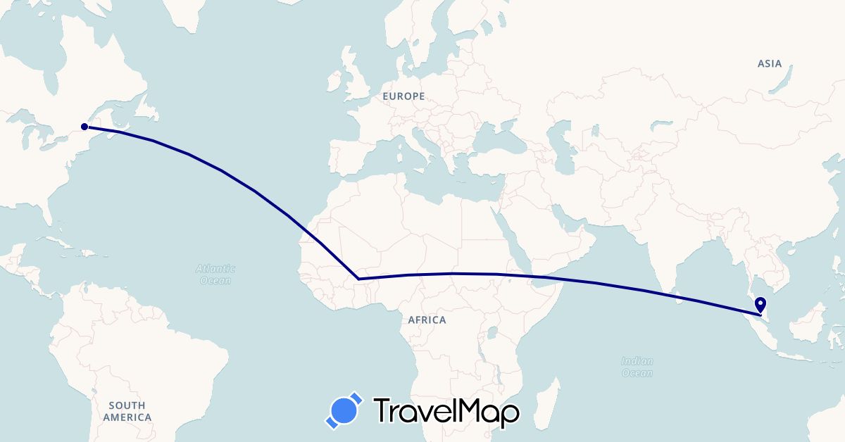 TravelMap itinerary: driving in Burkina Faso, Canada, Malaysia (Africa, Asia, North America)