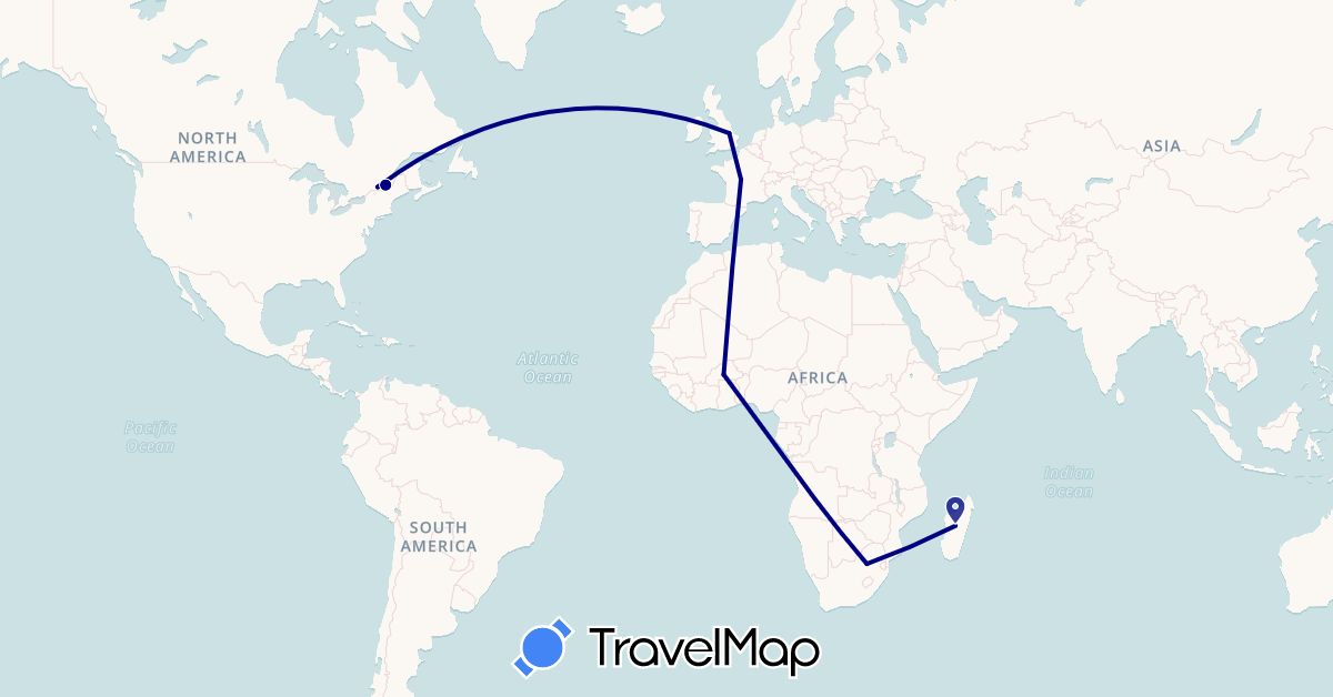TravelMap itinerary: driving in Burkina Faso, Canada, France, United Kingdom, Madagascar, South Africa (Africa, Europe, North America)